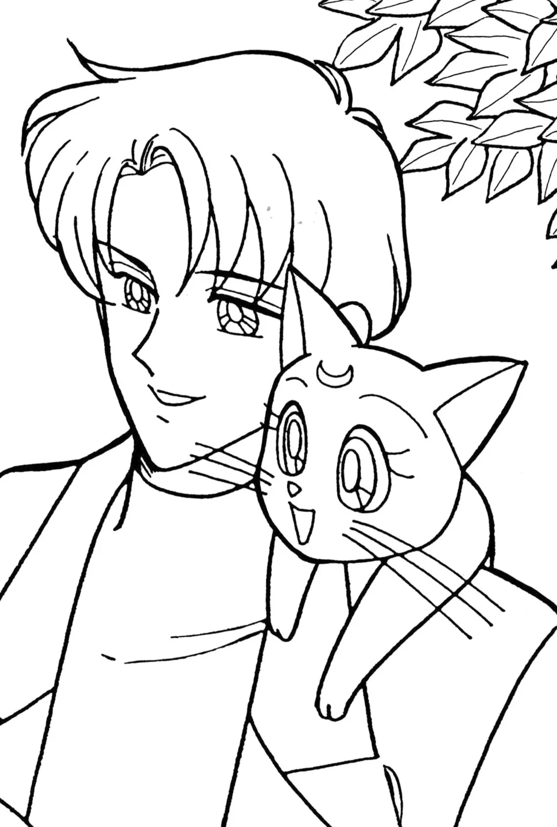 Anime de gatinho para pintar: jovem sorrindo abraça gato com lua crescente na testa.