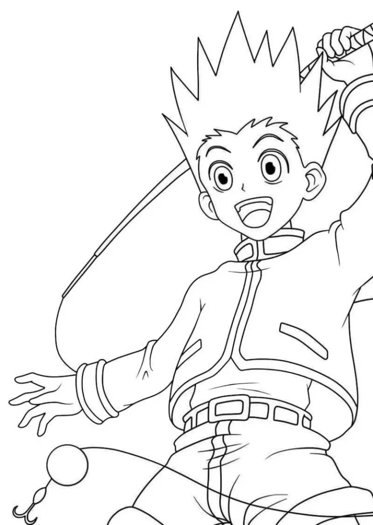 Anime para colorir: Jovem pescador sorrindo com vara de pesca.