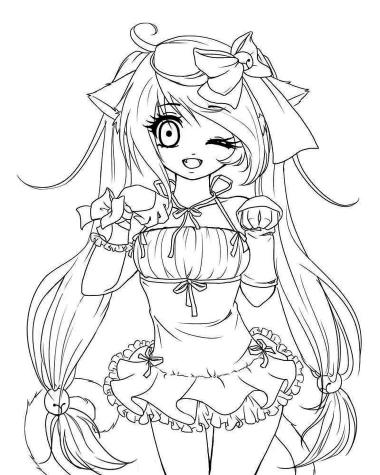 Garota anime com orelhas de gato piscando o olho, pronta para colorir. Cabelos longos com laços e roupa com babados.