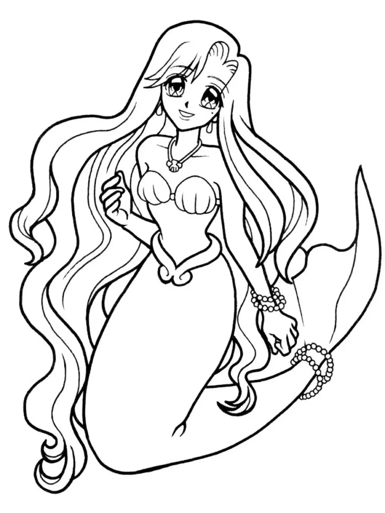 Sereia anime para colorir: desenho com cabelos longos e adornos marinhos