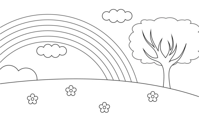 Arco-íris sobre campo florido: desenho para colorir