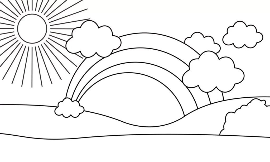 Desenho para colorir de céu ensolarado com arco-íris e colinas.