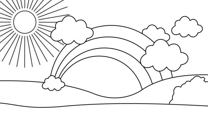 Desenho para colorir de céu ensolarado com arco-íris e colinas.