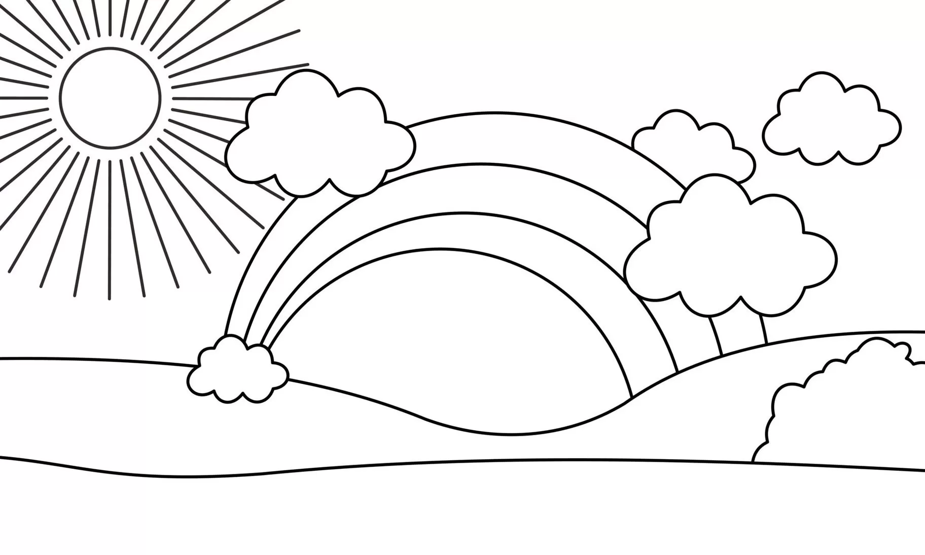 Desenho para colorir de céu ensolarado com arco-íris e colinas.