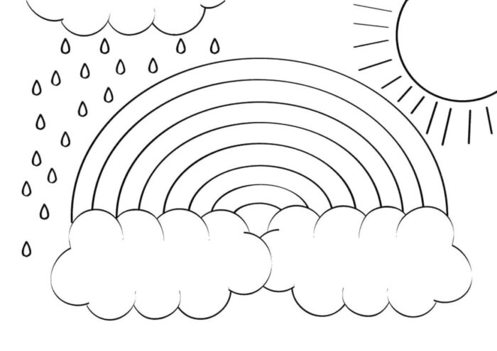 Arco-Íris e Chuva: Desenho para colorir com nuvens, gotas e sol