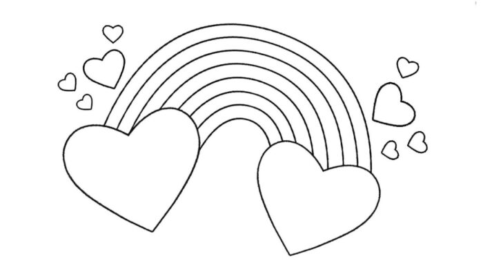 Arco-íris com corações para colorir: atividade artística