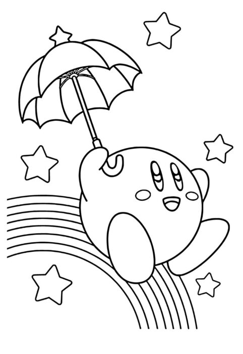Arco-íris divertido com personagem sorridente e guarda-chuva para colorir