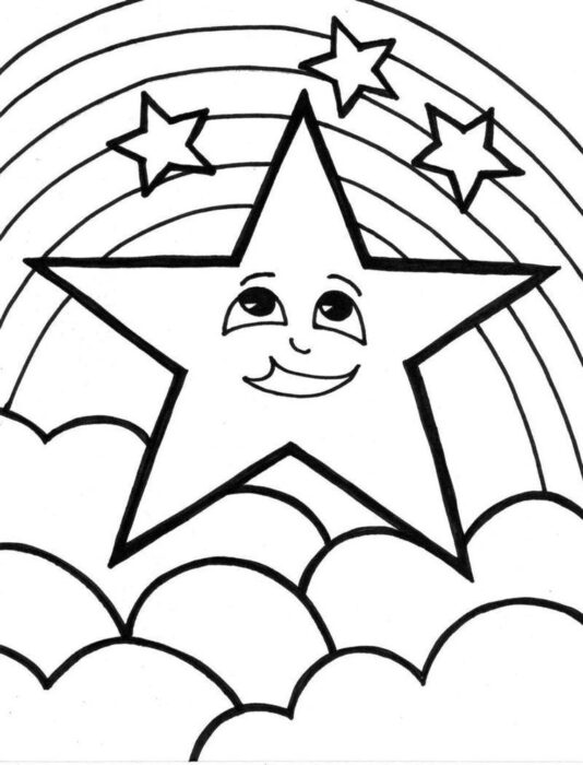 Estrela sorridente e arco-íris com nuvens para colorir.