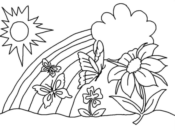 Arco-íris com flores e borboletas para colorir
