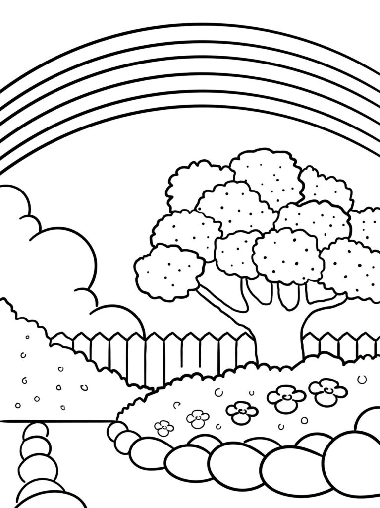 Desenhos de Arco-Íris para colorir. Jardim