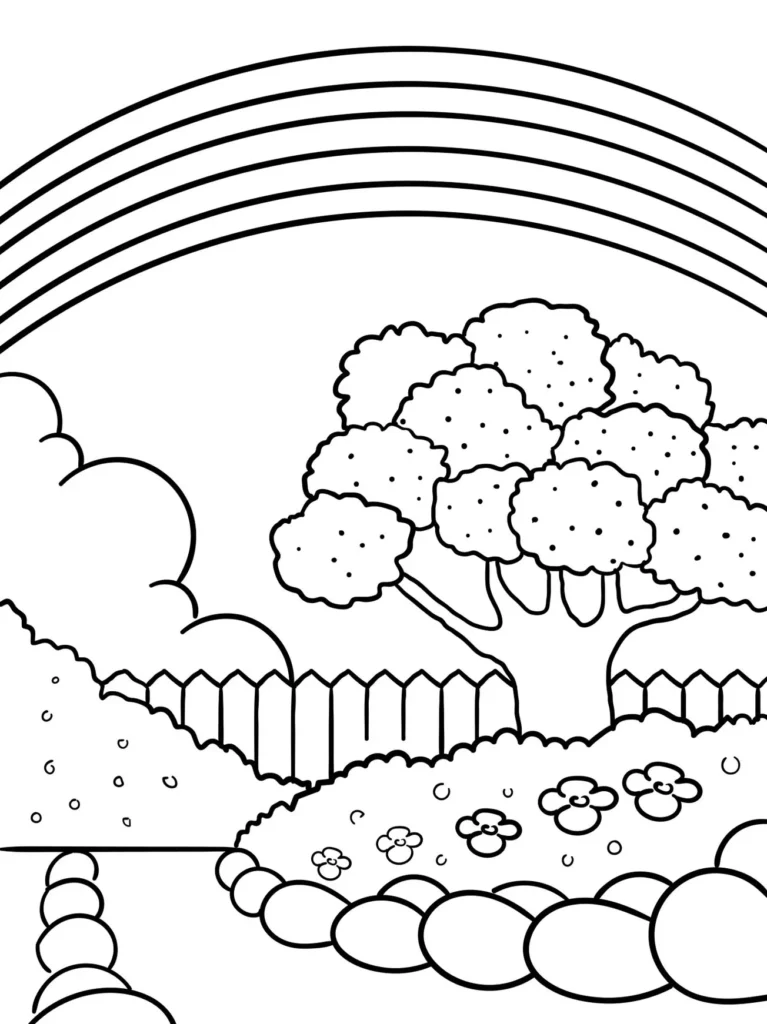 Jardim sob o Arco-Íris: Desenho para colorir com caminho, flores, cerca e árvore.