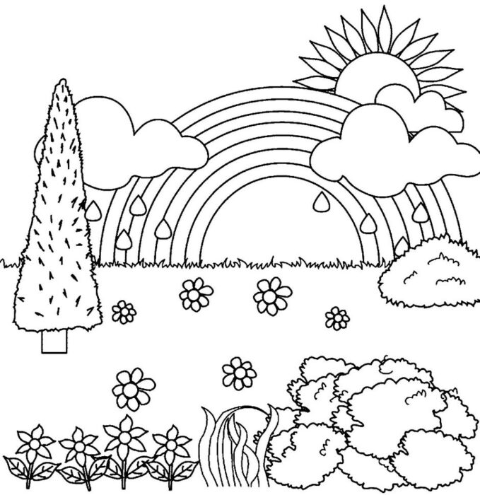 Desenho de arco-íris campestre com sol, nuvens, chuva, árvore e flores para colorir.