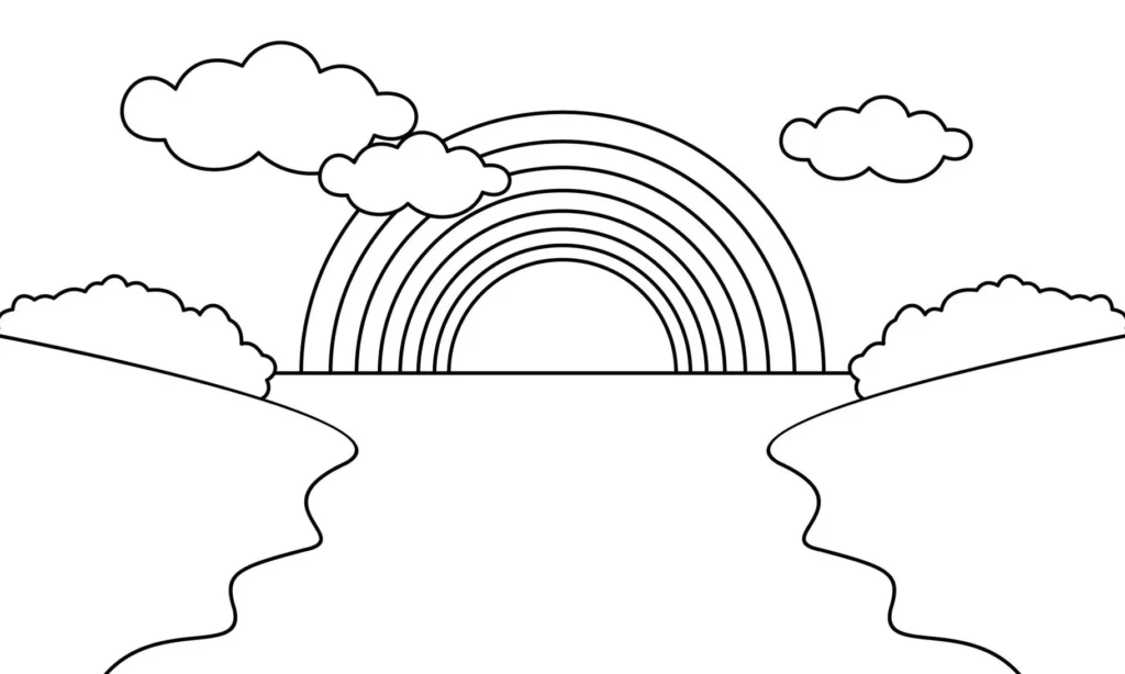 Arco-íris sobre rio: desenho para colorir