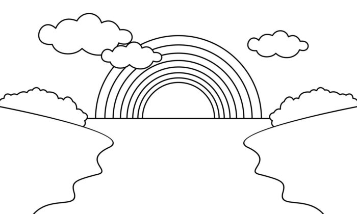 Arco-íris sobre rio: desenho para colorir