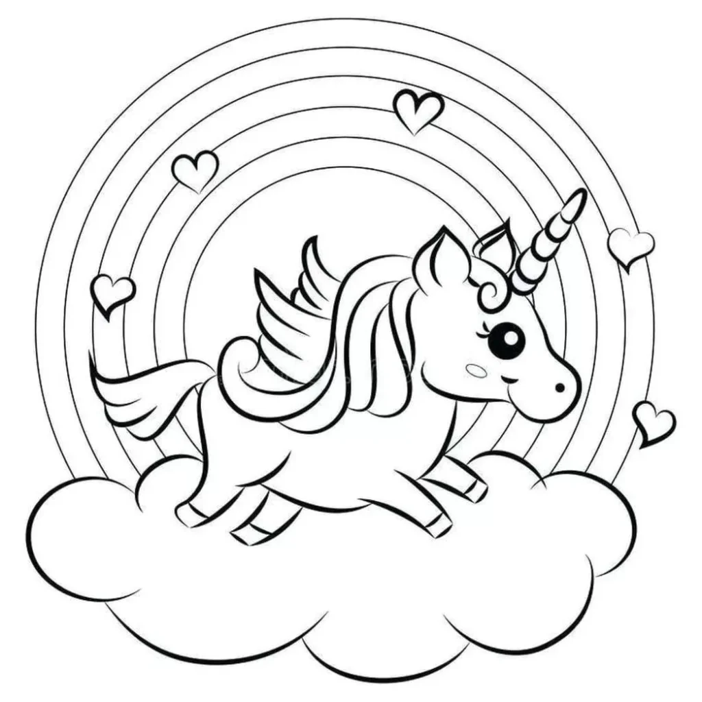 Unicórnio alado em nuvem com arco-íris e corações, desenho para colorir.