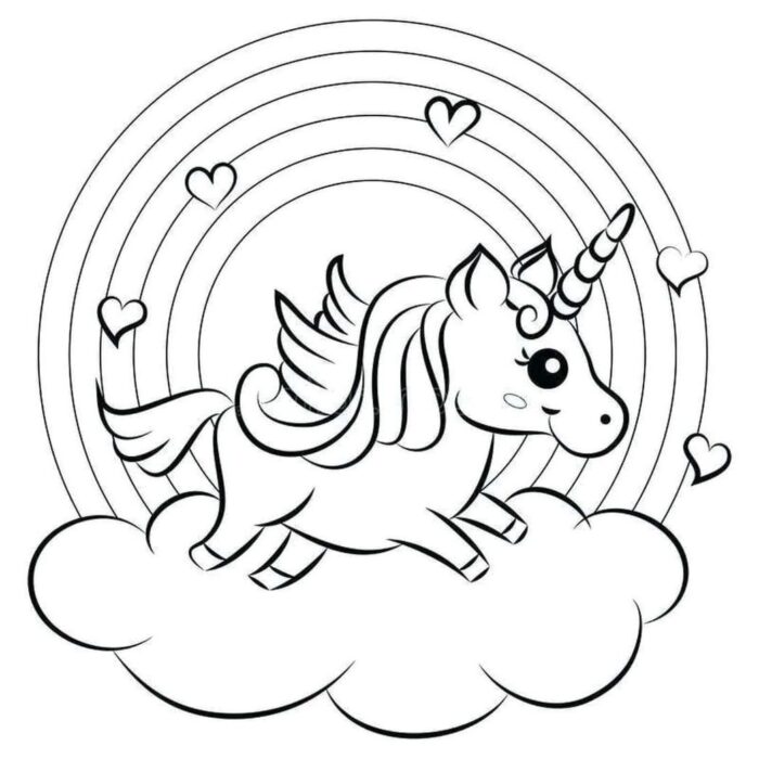 Unicórnio alado em nuvem com arco-íris e corações, desenho para colorir.