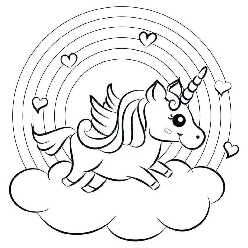 Unicórnio alado em nuvem com arco-íris e corações, desenho para colorir.
