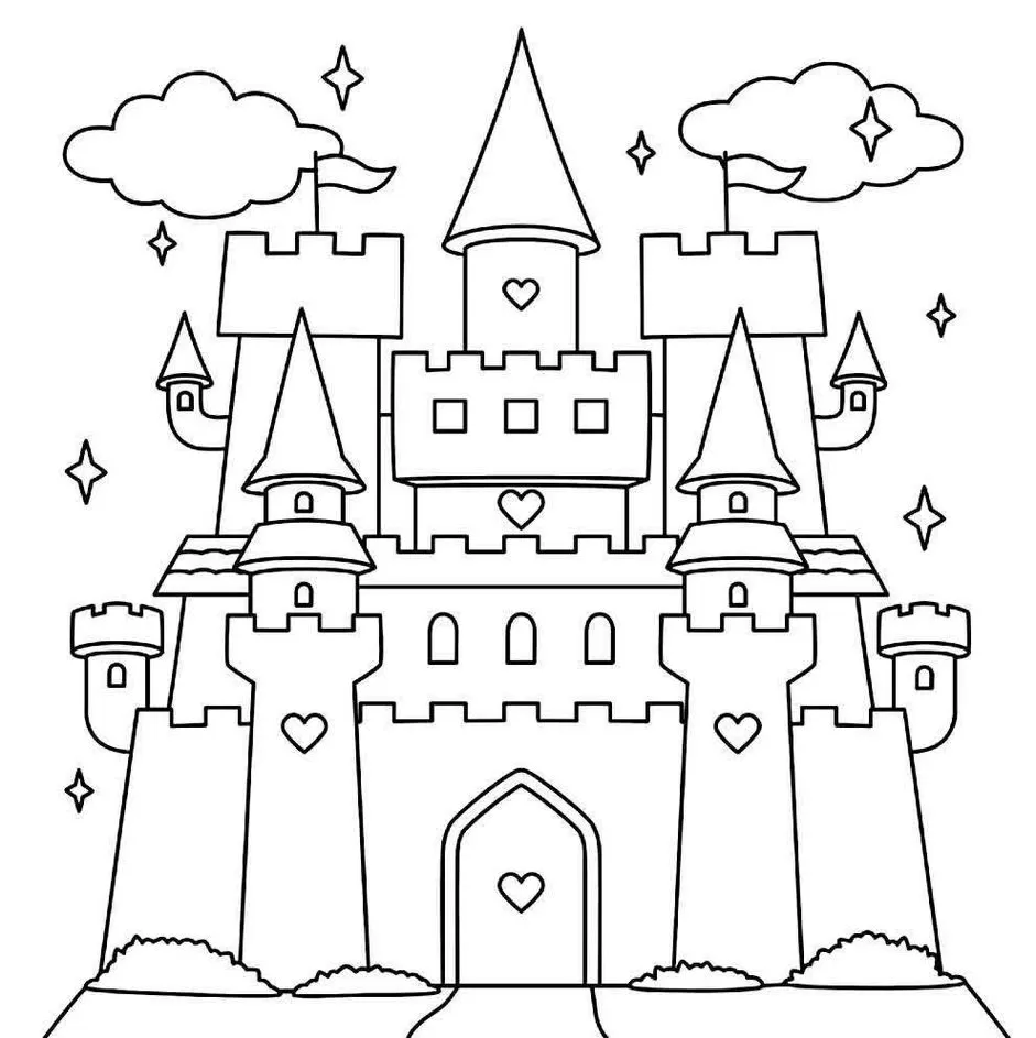 Desenhos de Castelos para colorir Alto Castelo encantado com corações para colorir. Desenho arquitetônico com torres, ameias, janelas e céu estrelado.
