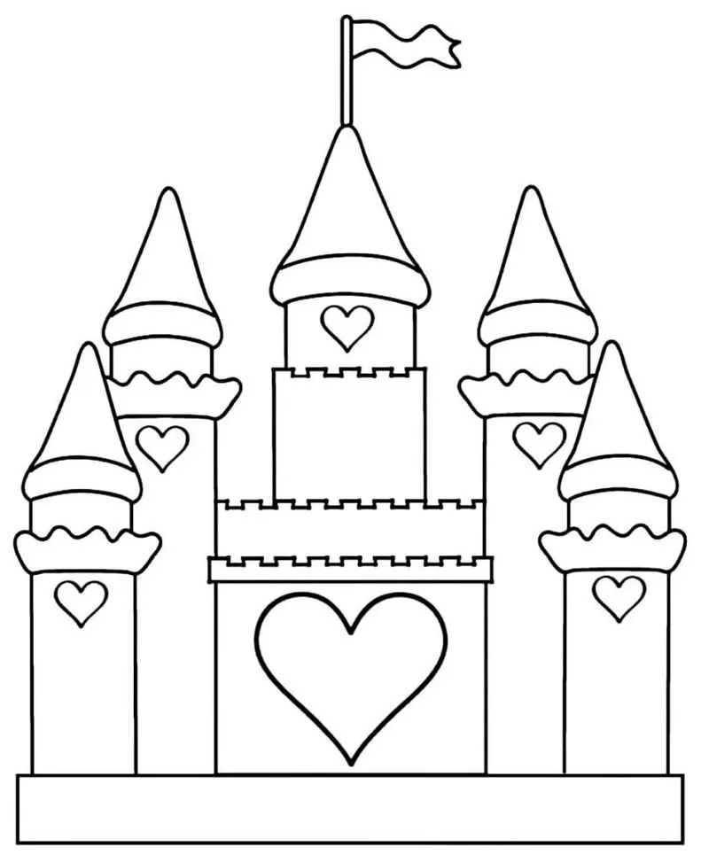 Desenhos de Castelos para colorir Coração Castelo com Corações para Colorir: Desenho divertido com cinco torres e corações decorativos.
