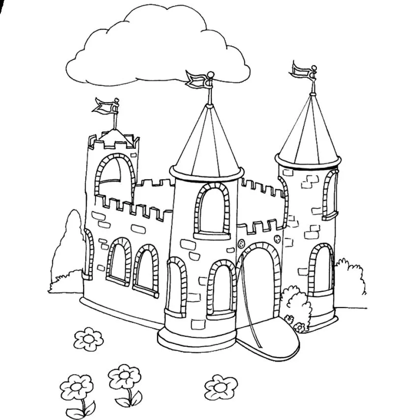 Desenhos de Castelos para colorir Fortaleza Castelo medieval de pedra com torres e bandeiras, ideal para colorir e estimular a criatividade.