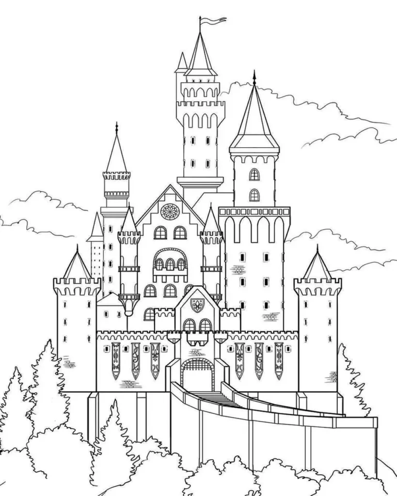 Desenhos de Castelos para colorir Grande Castelo de fantasia para colorir com torres e muralhas