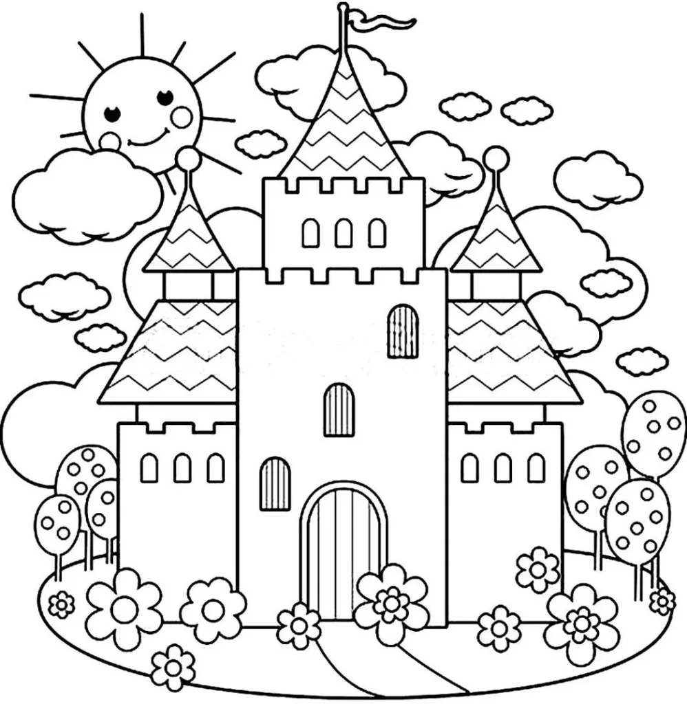 Desenhos de Castelos para colorir Mundo Encantado Castelo mágico para colorir: desenho com sol, nuvens, árvores e flores, ideal para atividades criativas.