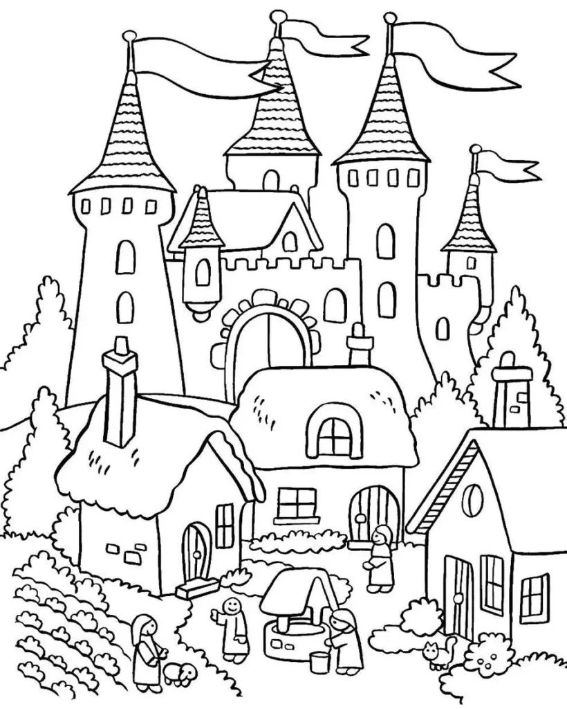 Desenhos de Castelos para colorir Povoado Castelo medieval e vila para colorir. Desenho artístico com torres, casas, figuras, poço e gato.