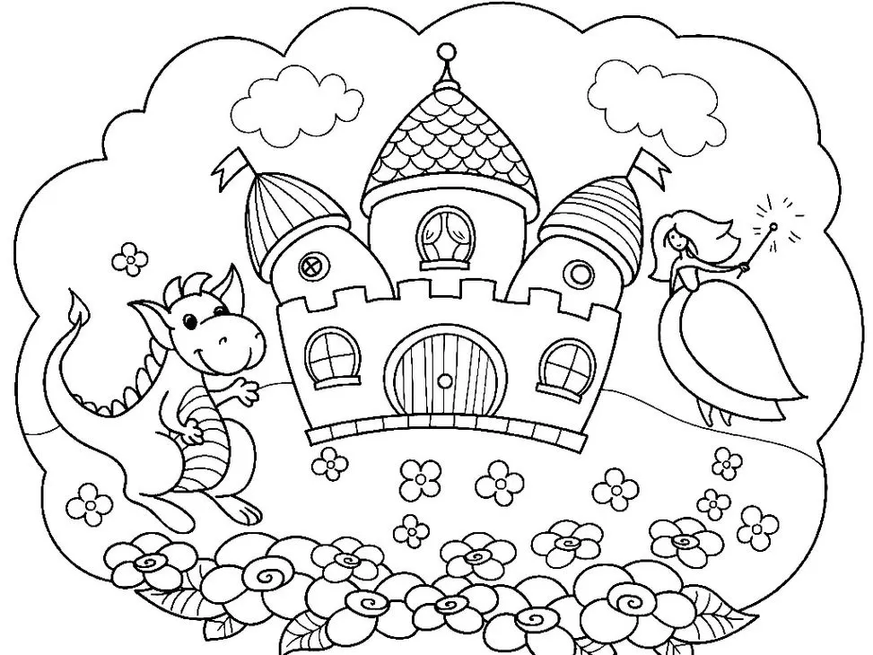 Desenhos de Castelos para colorir Princesa e Dragão Castelo de fantasia com dragão e princesa para colorir