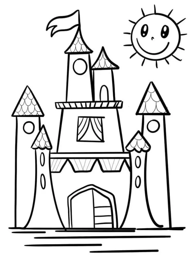 Desenhos de Castelos para colorir Sol Castelo ensolarado para colorir: desenho artístico com torres, bandeira e sol sorridente.