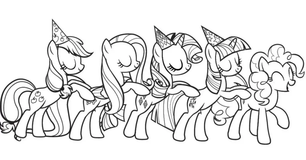 My Little Pony para colorir: alinhamento de pôneis com estilos únicos.