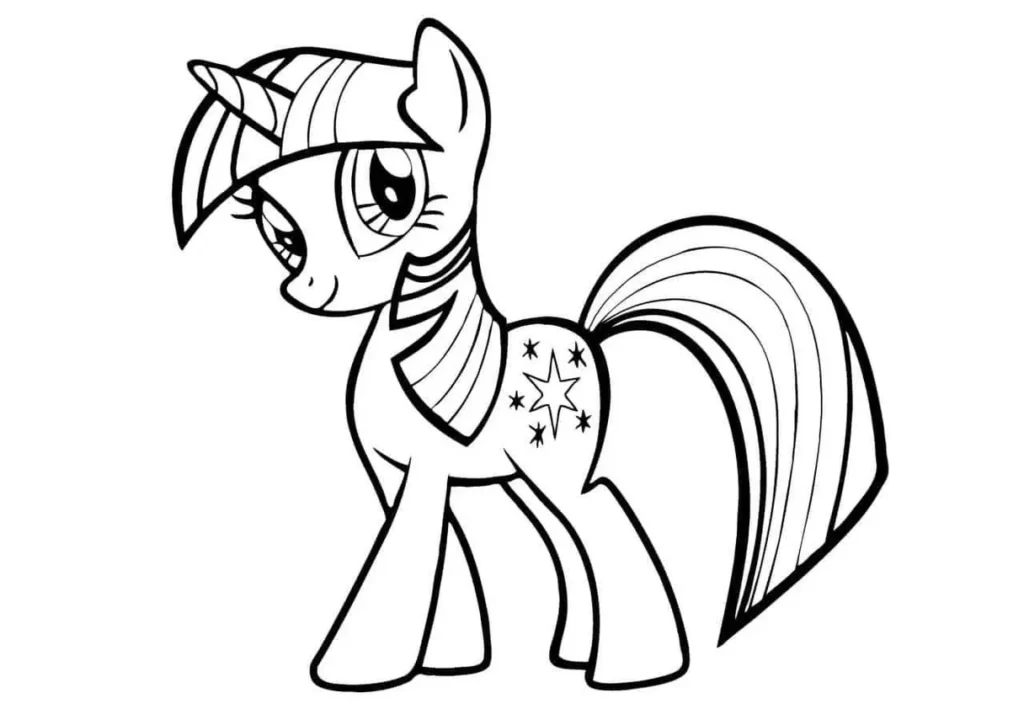 My Little Pony Linda para colorir: desenho mágico com chifre, crina estilizada e estrelas cintilantes.