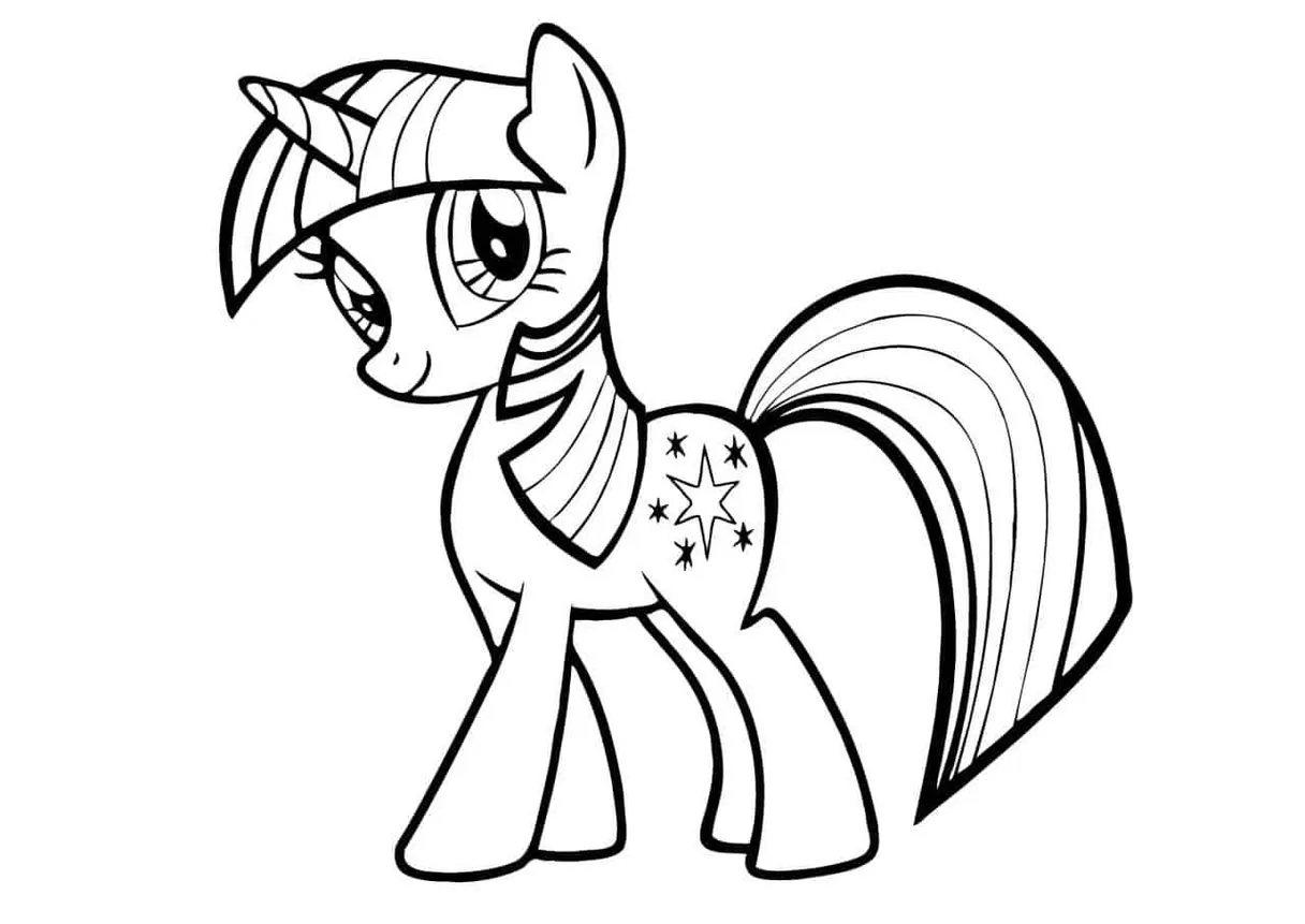 My Little Pony Linda para colorir: desenho mágico com chifre, crina estilizada e estrelas cintilantes.