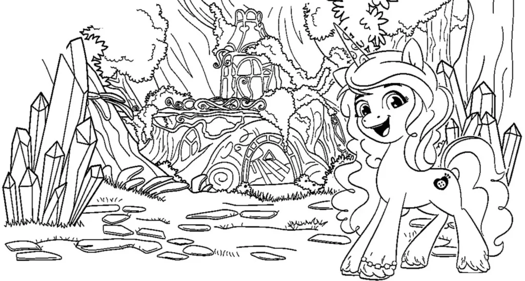 My Little Pony na floresta mágica: desenho para colorir com pônei unicórnio e casa na árvore.