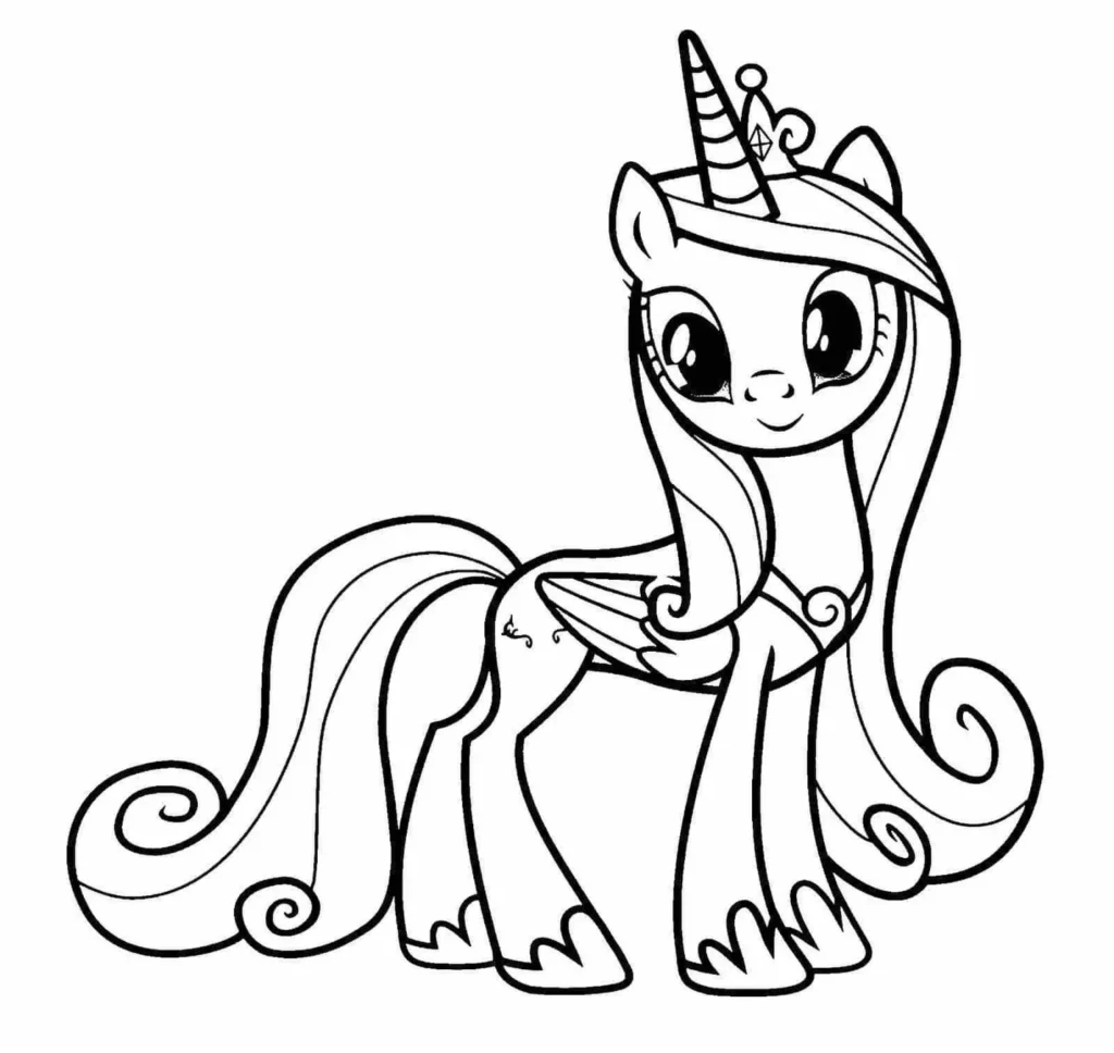 My Little Pony Princesa para colorir: desenho de unicórnio com crina ondulada e diadema.