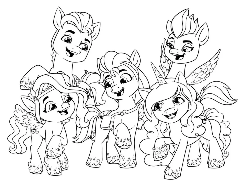 Pôneis Unicórnios My Little Pony para colorir: arte vibrante com pôneis sorrindo.