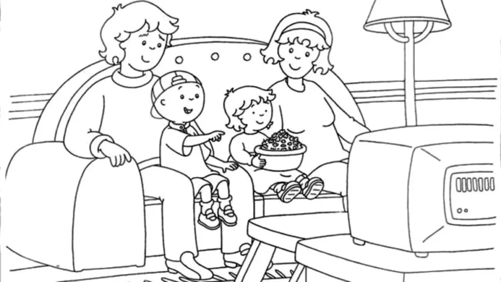 Caillou e família reunidos assistindo TV: desenho para colorir