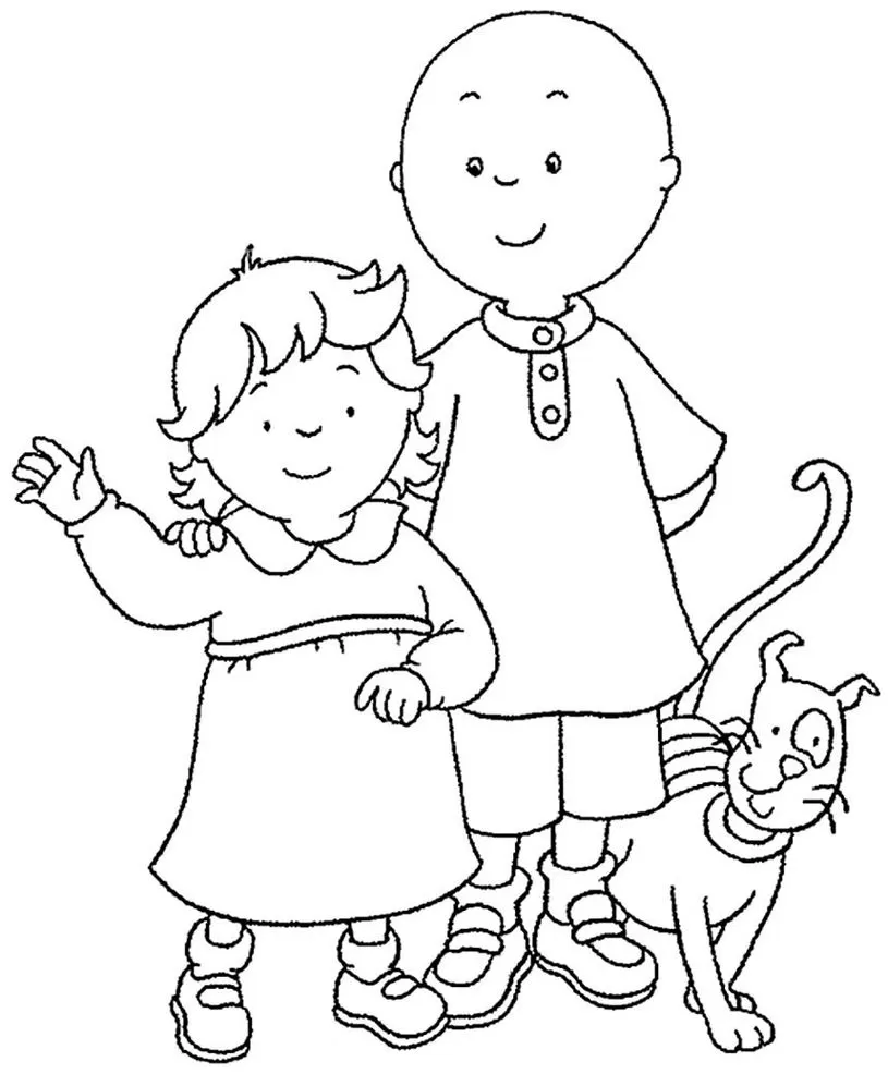 Desenho do Caillou com sua irmã para colorir. Crianças e um gato em traços simples.