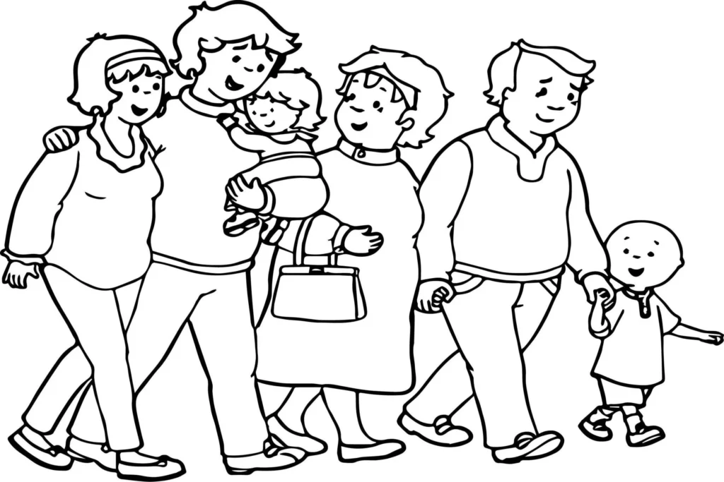 Caillou e família: Desenho para colorir com cena de passeio familiar.