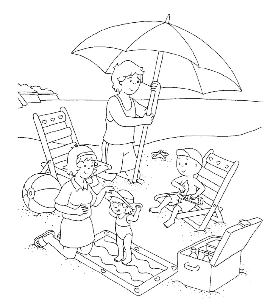 Caillou e família aproveitando o dia de sol na praia em desenho para colorir.