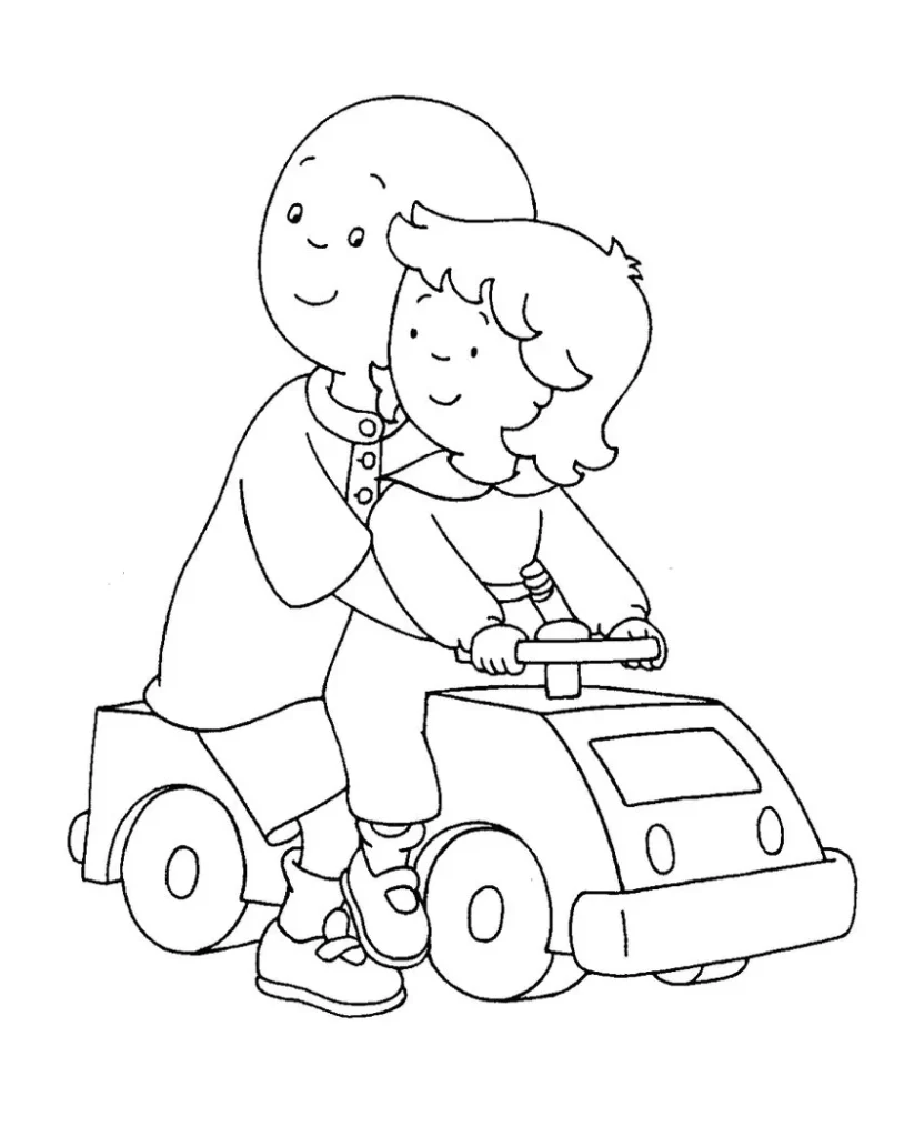 Caillou e amigo em carrinho de brinquedo para colorir
