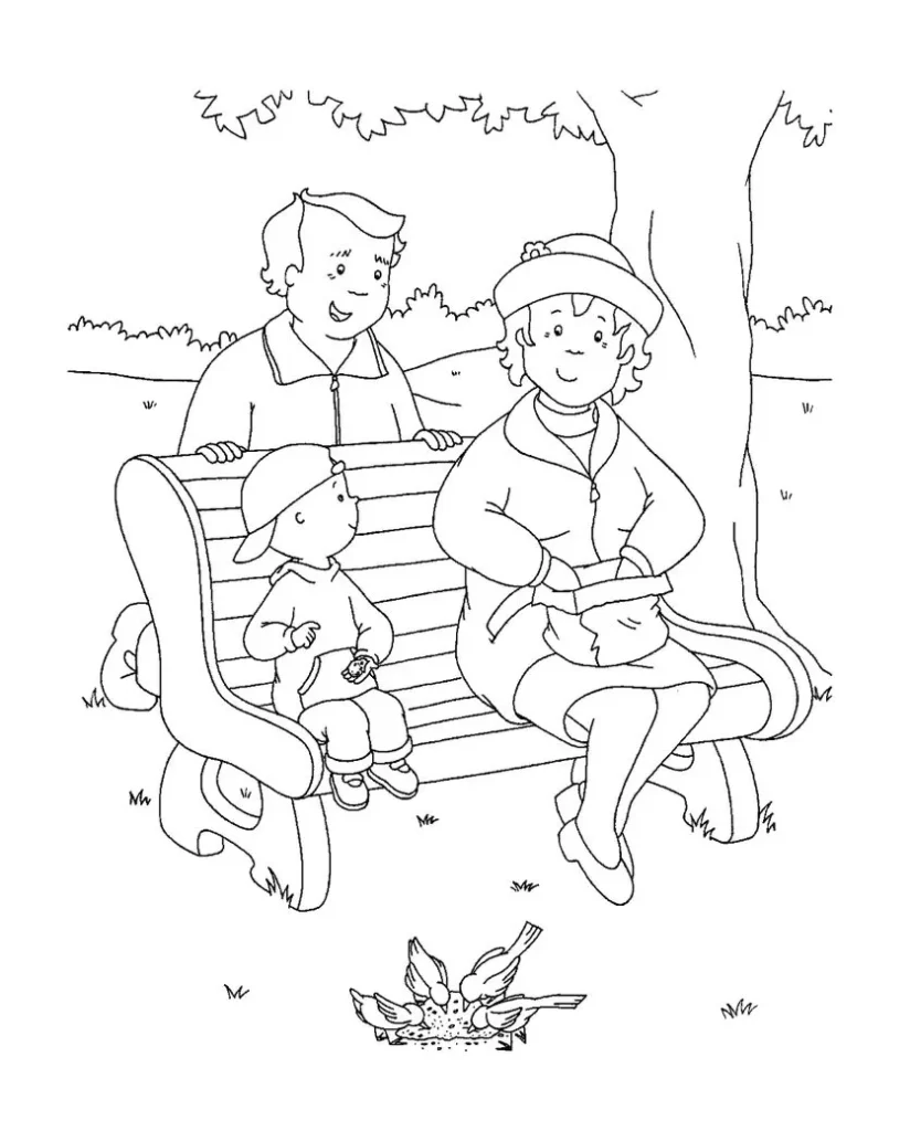 Caillou no parque: desenho para colorir com família e pássaros