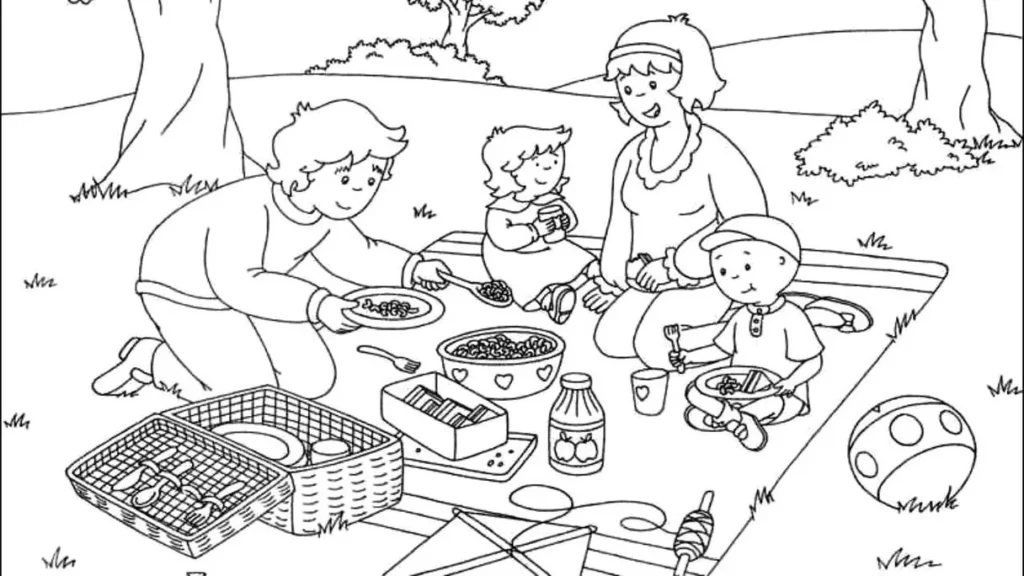 Caillou e família em piquenique: desenho para colorir.