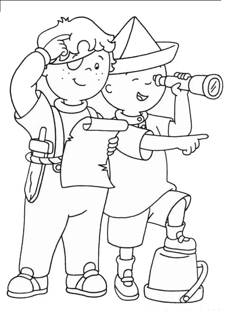 Caillou e amigo em aventura de caça ao tesouro: desenho para colorir.
