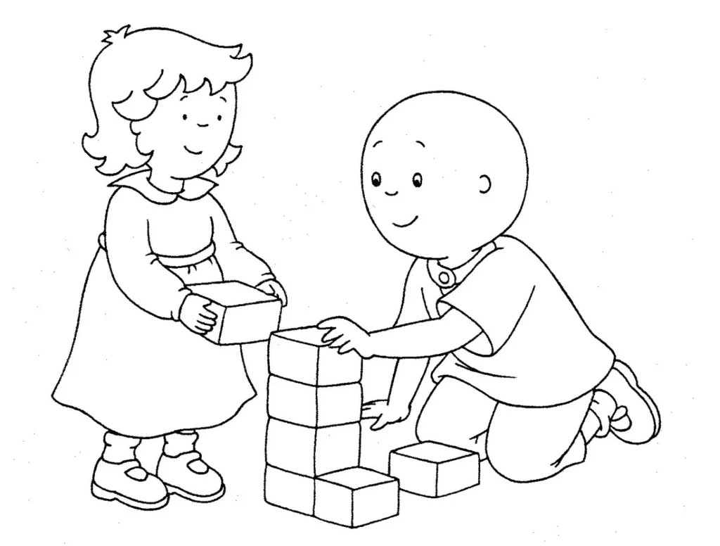 Caillou e Rosie para colorir: Crianças brincando com blocos