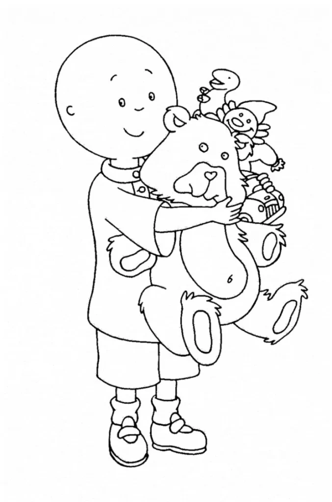 Caillou e Ursinho: Desenho para colorir do menino careca abraçando seu urso de pelúcia com brinquedos.