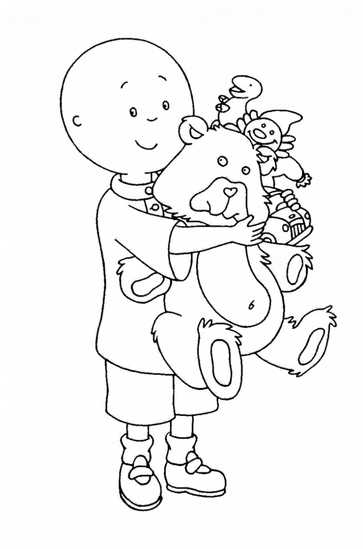 Caillou e Ursinho: Desenho para colorir do menino careca abraçando seu urso de pelúcia com brinquedos.