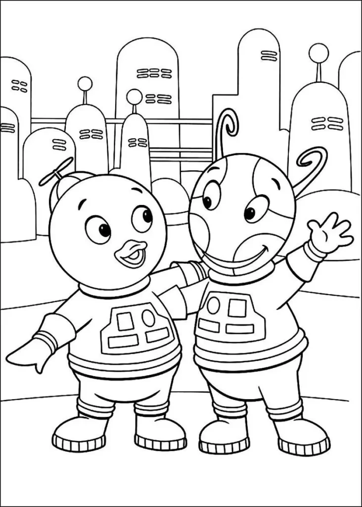 Backyardigans em cena futurista para colorir: amigos em trajes espaciais abraçando-se