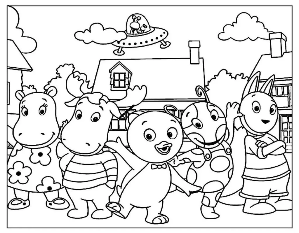 Turma dos Backyardigans reunida para colorir: Uniqua, Pablo, Tyrone, Tasha e Austin.