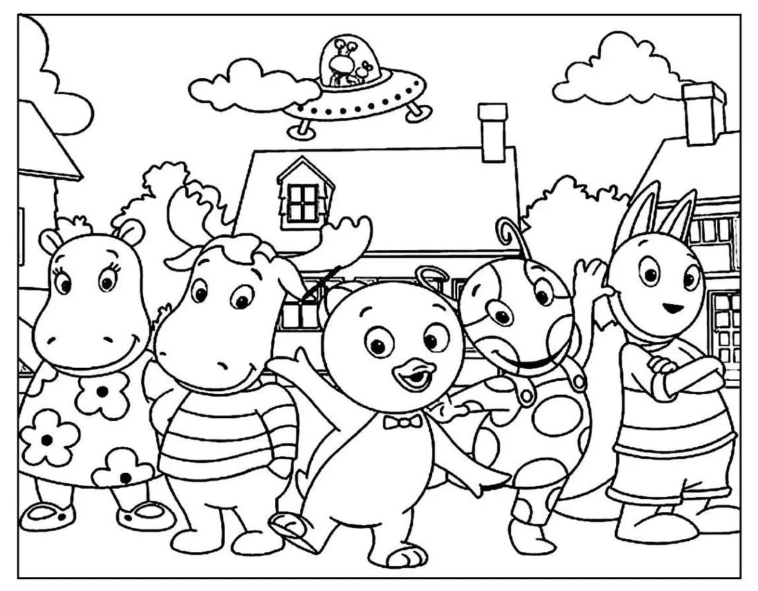 Turma dos Backyardigans reunida para colorir: Uniqua, Pablo, Tyrone, Tasha e Austin.