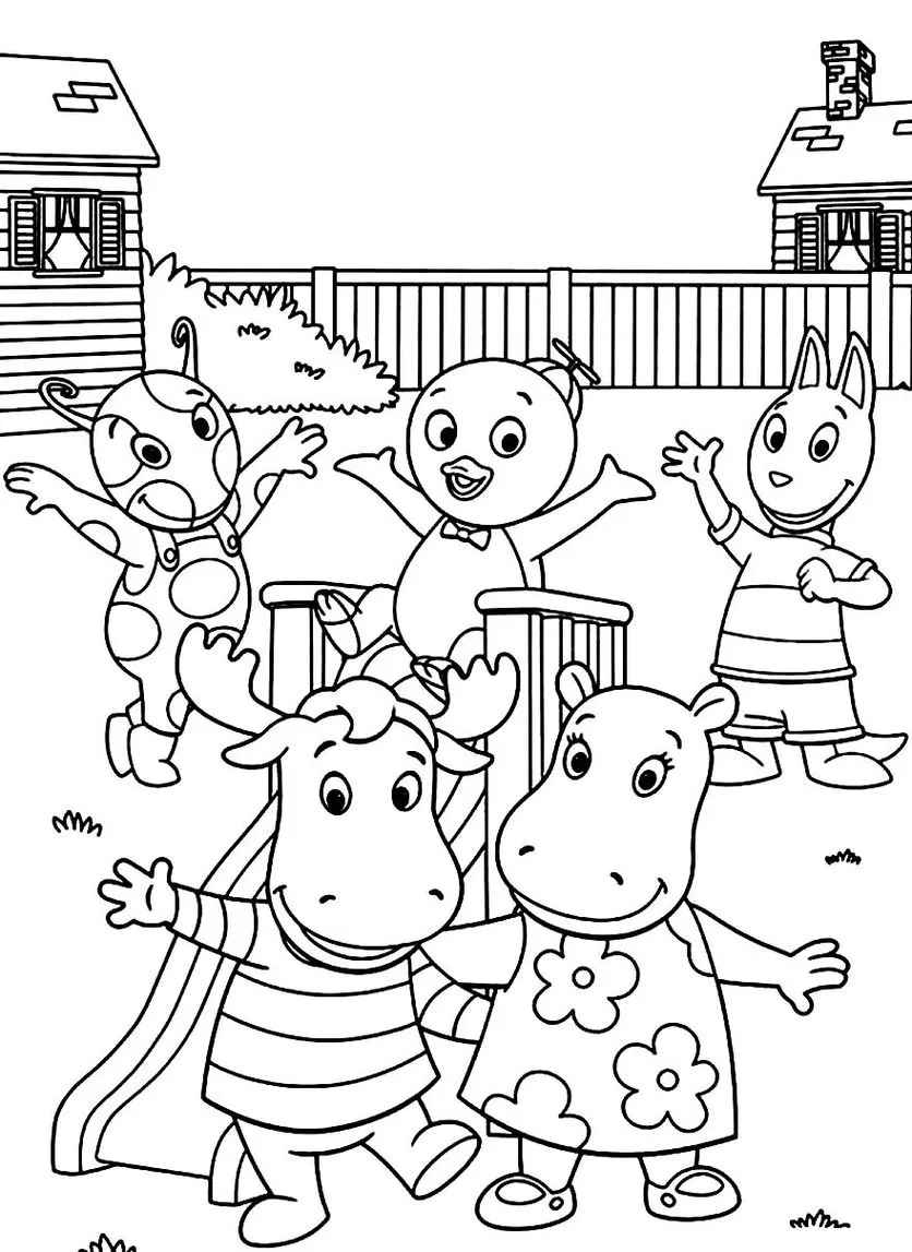 Backyardigans se divertindo em cena para colorir. Uniqua, Pablo, Tyrone, Tasha e Austin em ambiente externo com cerca e casinhas.